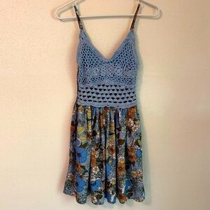 BOG Collective Spaghetti Strap Crochet Top Mini Dress Size XS Blue Floral Boho